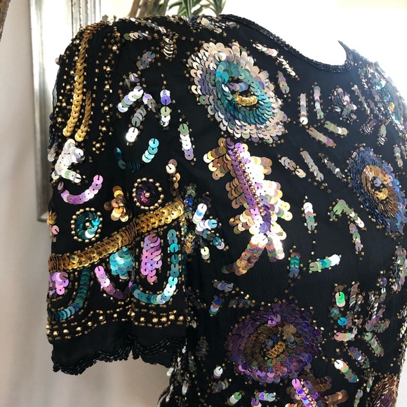Vintage 80s Laurence Kazar Sequins Beaded Shirt S - Picture 9 of 10